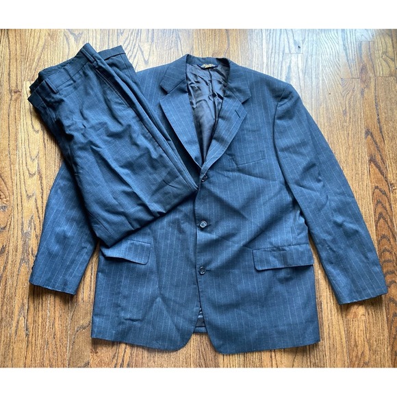Brooks Brothers 2 Pc Suit Pinstripe Mens Size 45R Jacket 36x30 Pants Wool Gray